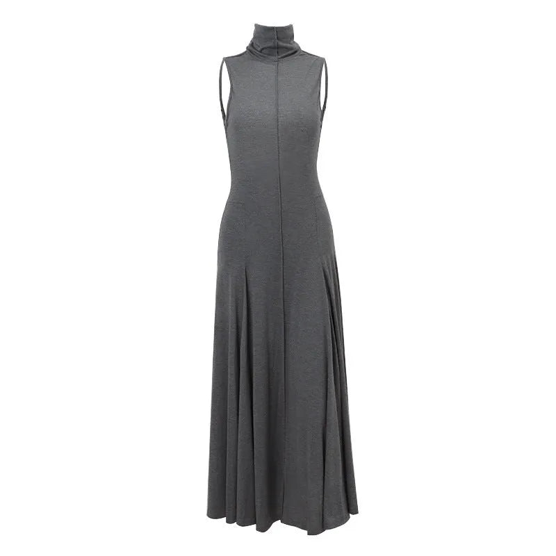 Women's slim-fit grey cotton dress with half turtleneck collar and backless design