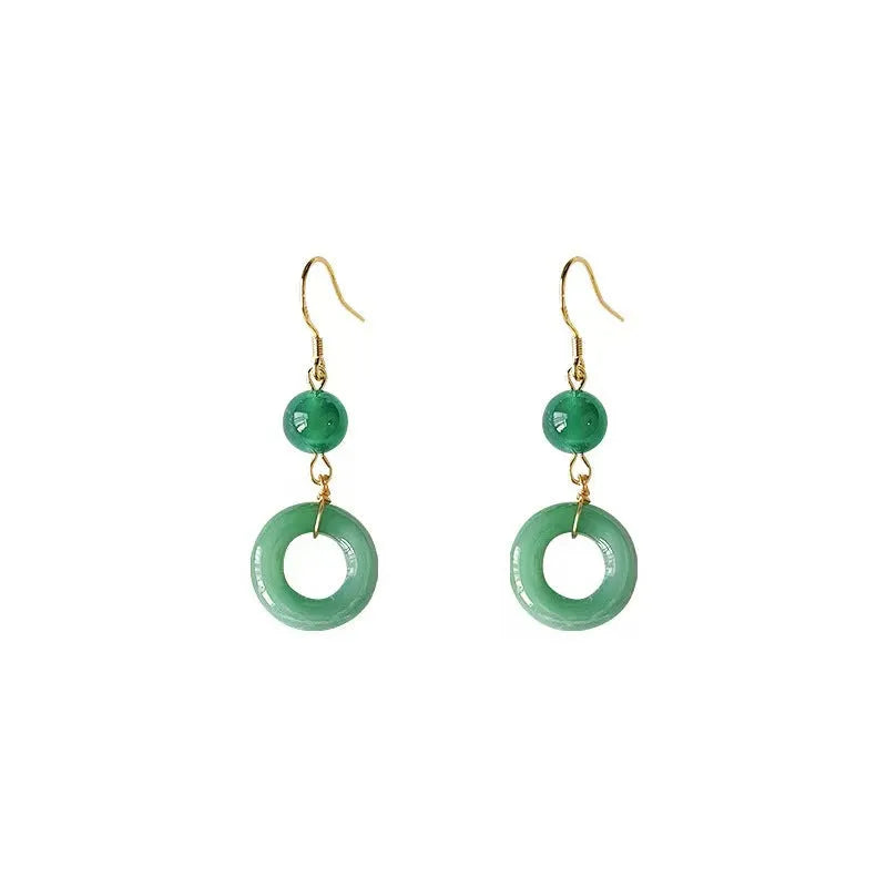 Geometric peace buckle earrings with green jade colour and 14K gold plating