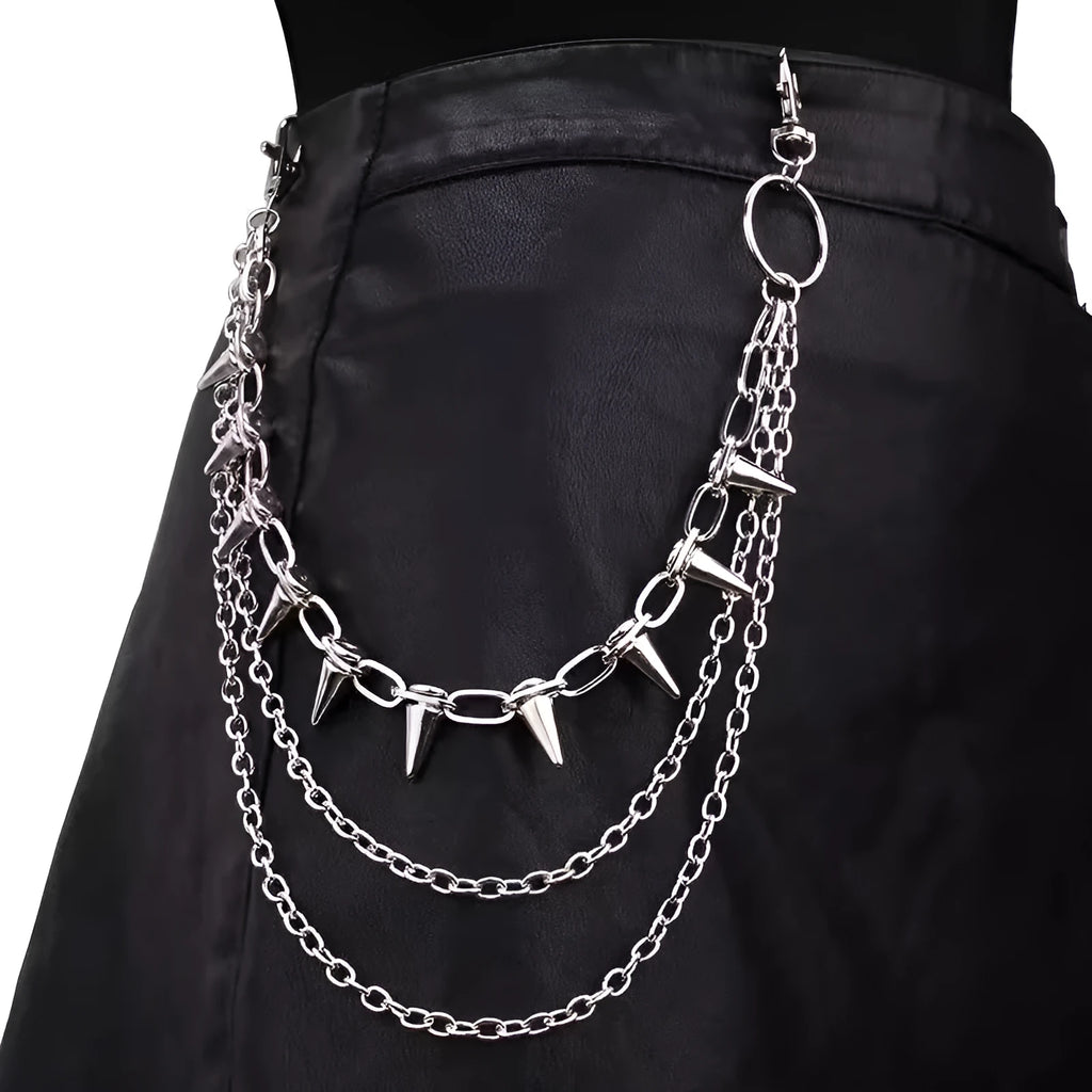Silver metal waist chain with punk rivets and zipper decoration measuring 115cm length