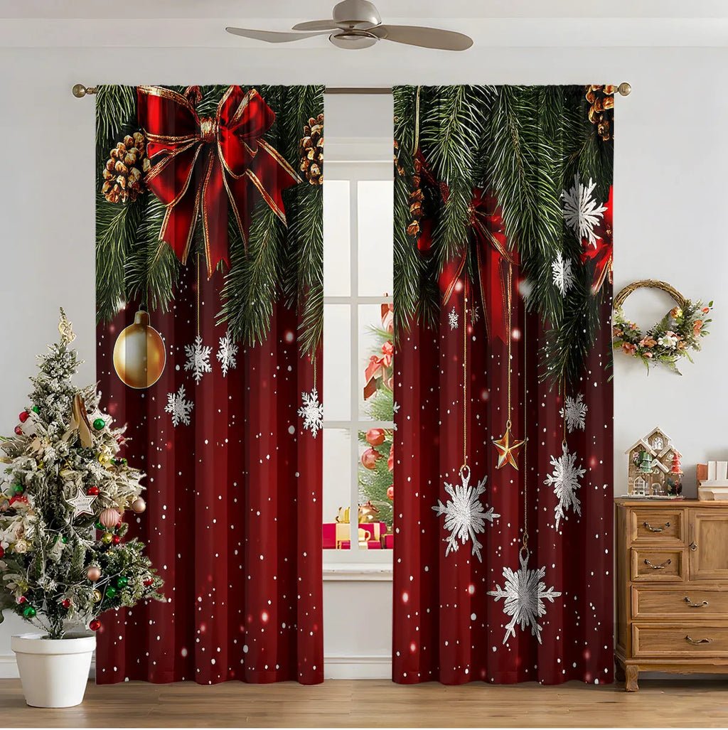 3D digitally printed Christmas curtain panel showing a modern European festive design, made from polyester fabric.