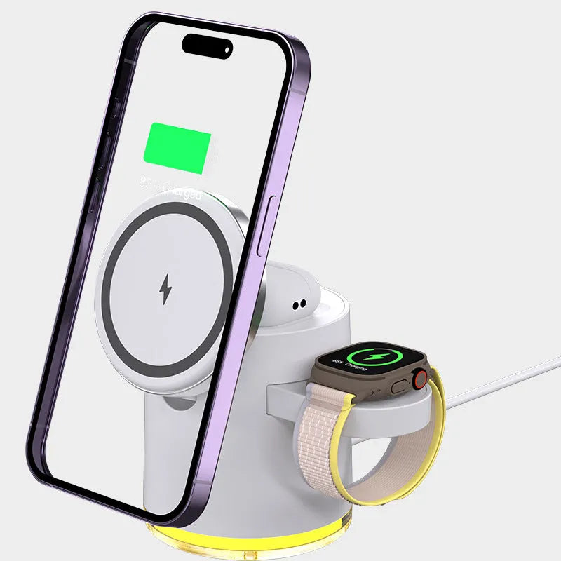 C16 folding magnetic wireless charger in black showing three device charging positions