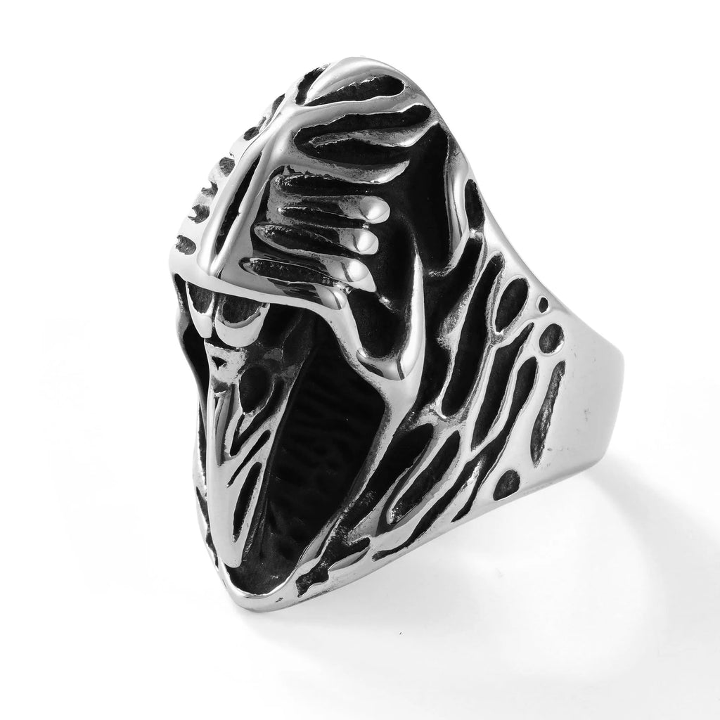 Stainless steel punk ring with a detailed crow animal motif and geometric shape in colour MR166.