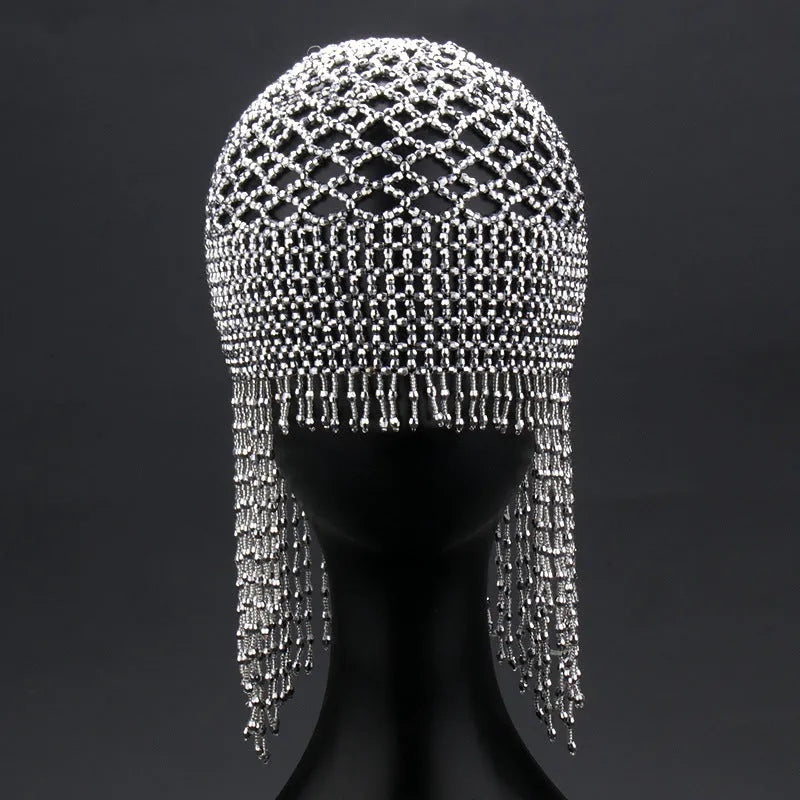 Handmade beaded belly dance hat hair ornament with tassels measuring 23cm wide