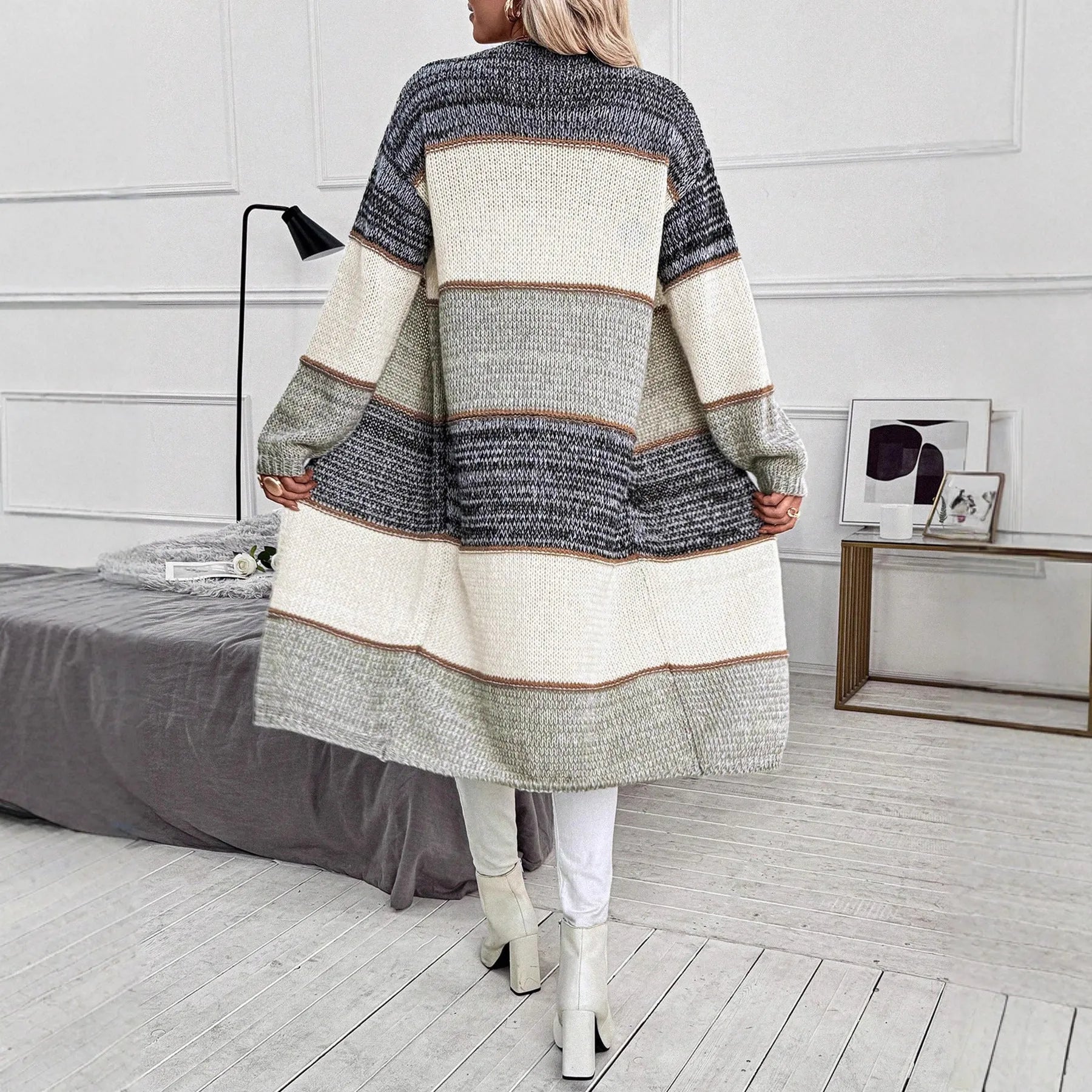 Grey loose-fit long knitted cardigan for women with stripe or plaid pattern