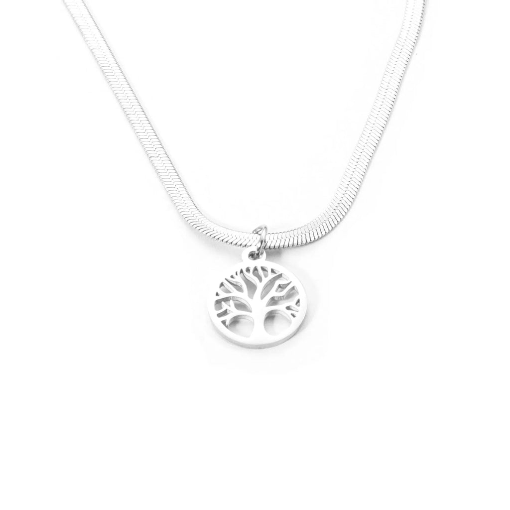 Steel colour tree pendant necklace with a textured snake bones chain on a neutral background.