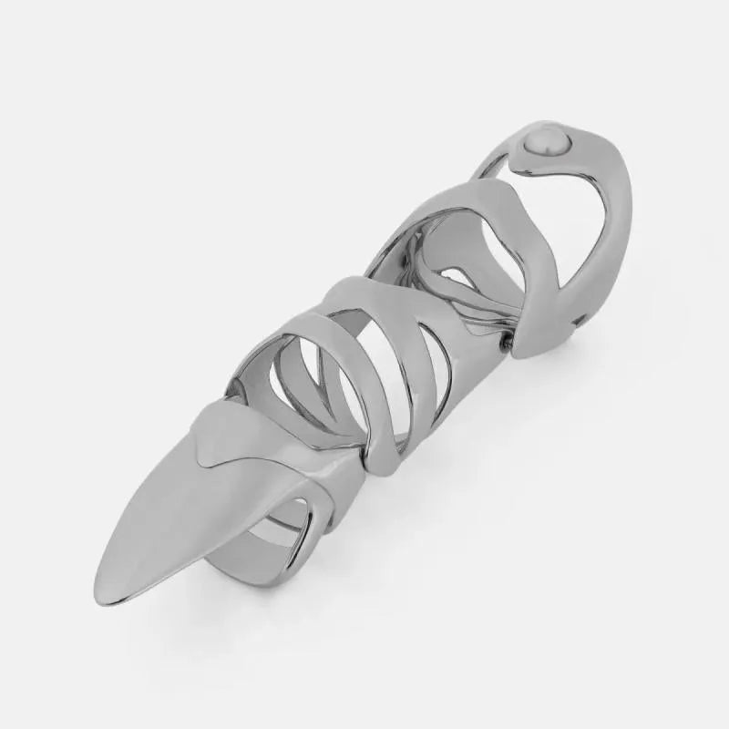 Silver alloy punk armour finger stall covering a knuckle.