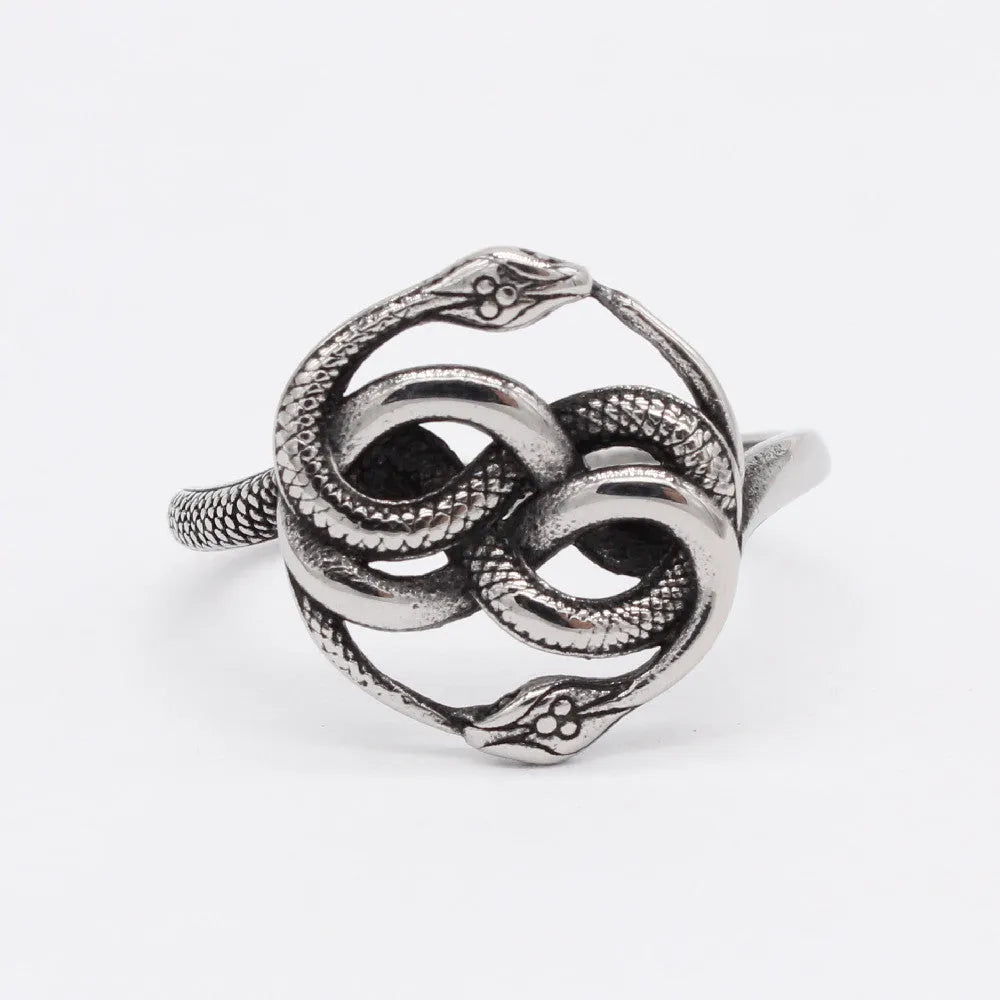 Retro titanium steel double snake ring in cold wind steel colour showing detailed serpent design