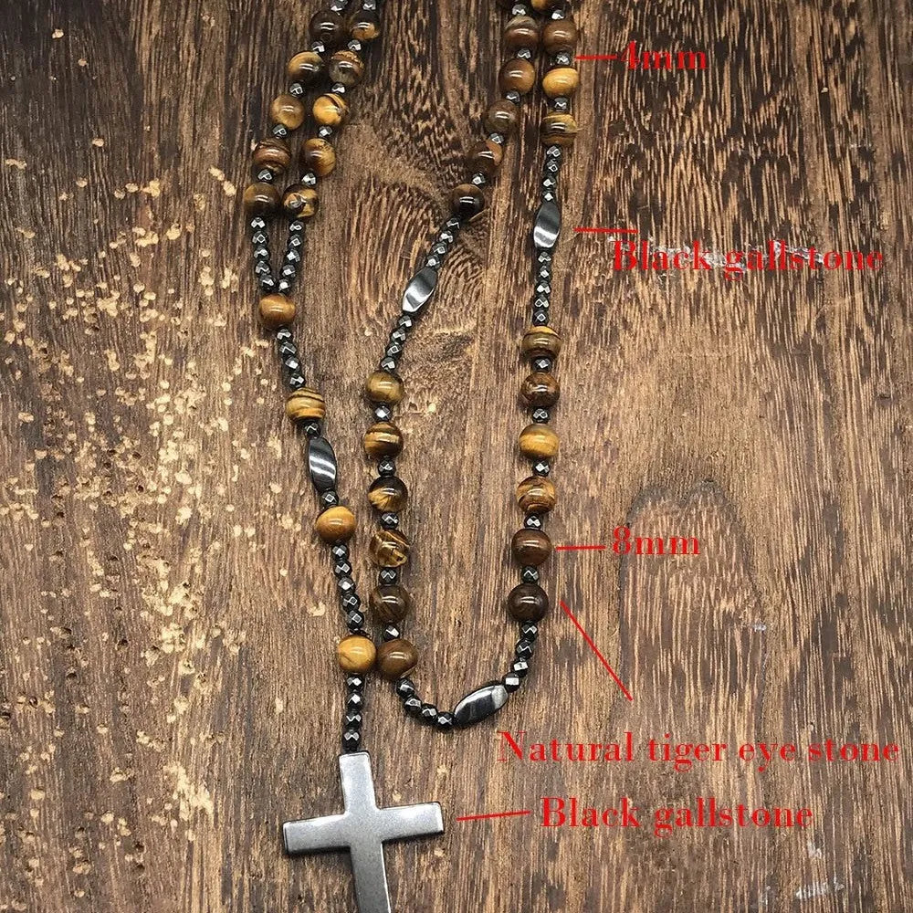 Men's stone cross pendant necklace on an 80cm ball bead chain with safety lock clasp