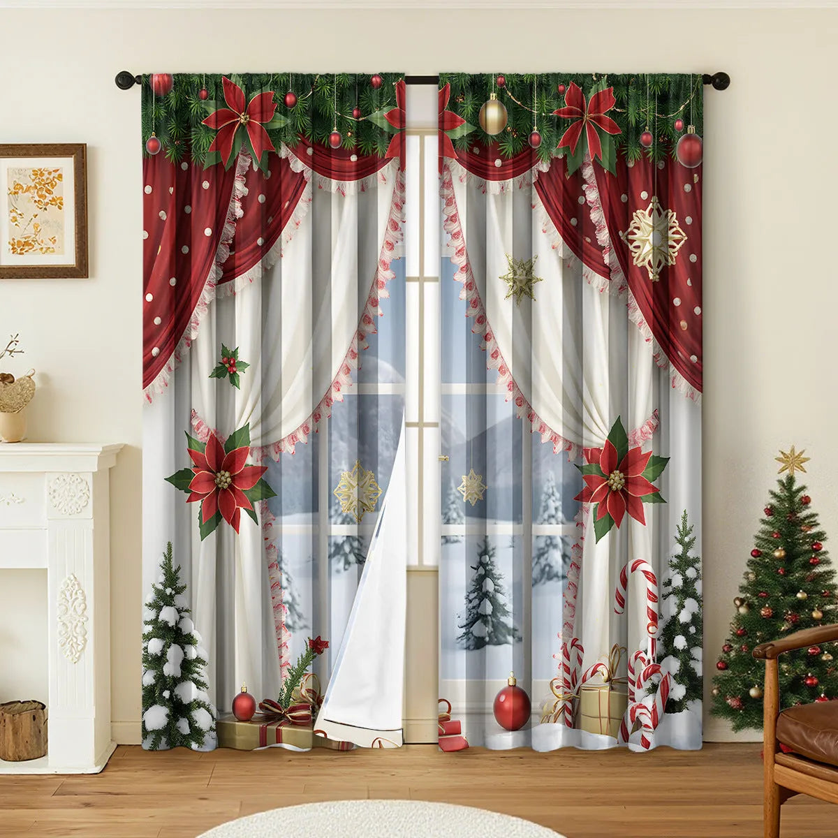 A pair of 3D digitally printed Christmas curtains with a festive European pattern hung on a window.