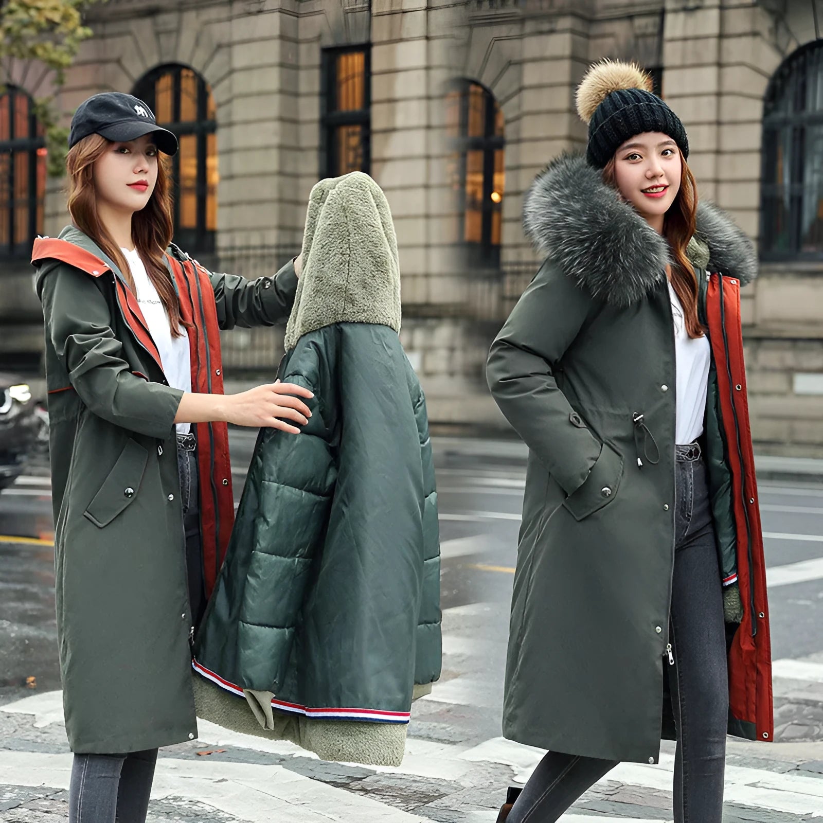 Women's long beige trench coat with fleece lining and button front.