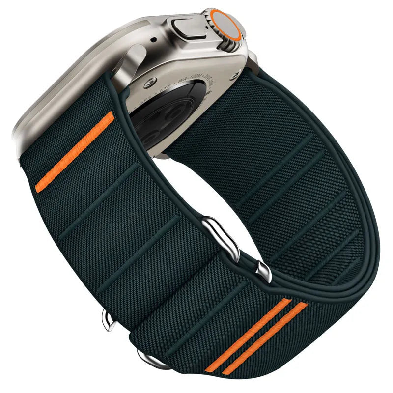 Elastic nylon Apple Watch replacement strap with stainless steel buckle shown in multiple colour options