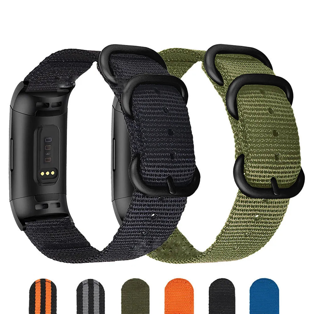 Nylon three-ring buckle replacement strap for Fitbit Charge fitness trackers in multiple colours.