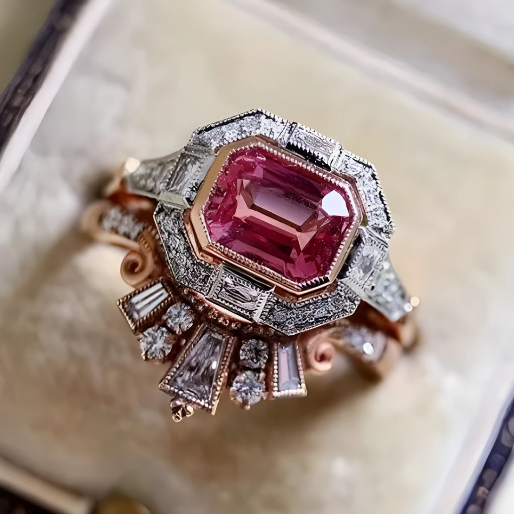 Rose gold geometric retro-style women's fashion ring with ruby aesthetic detail
