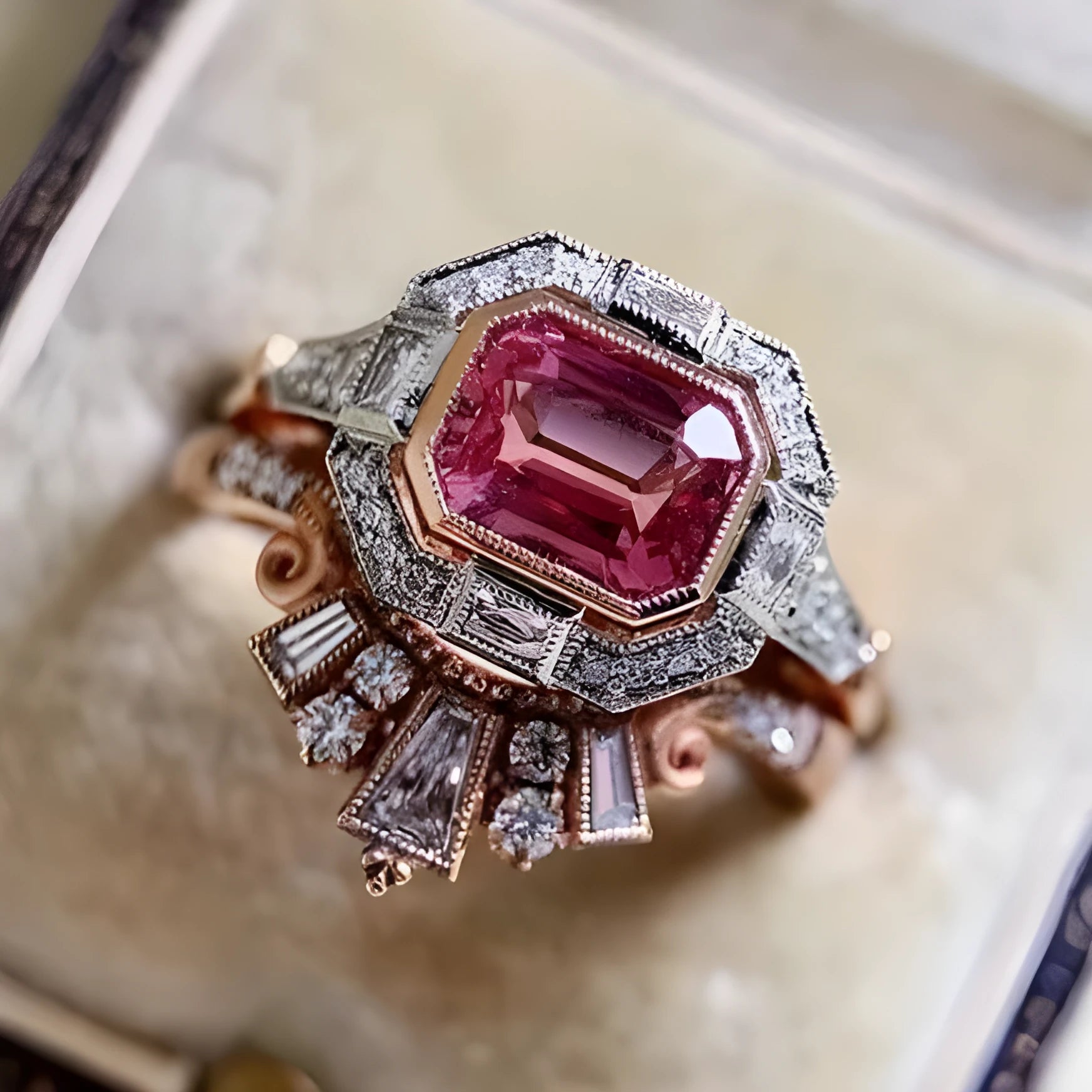 Rose gold geometric retro-style women's fashion ring with ruby aesthetic detail