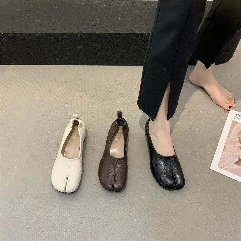 Women's split toe chunky heel pumps in black, apricot, or brown with round toe and rubber sole