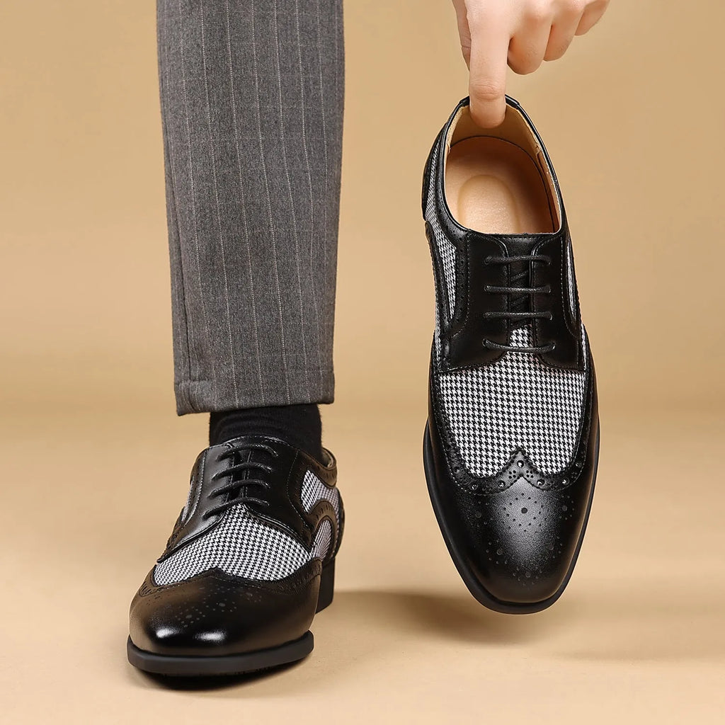 Men's houndstooth plaid casual shoes in black with a square toe and rubber sole.