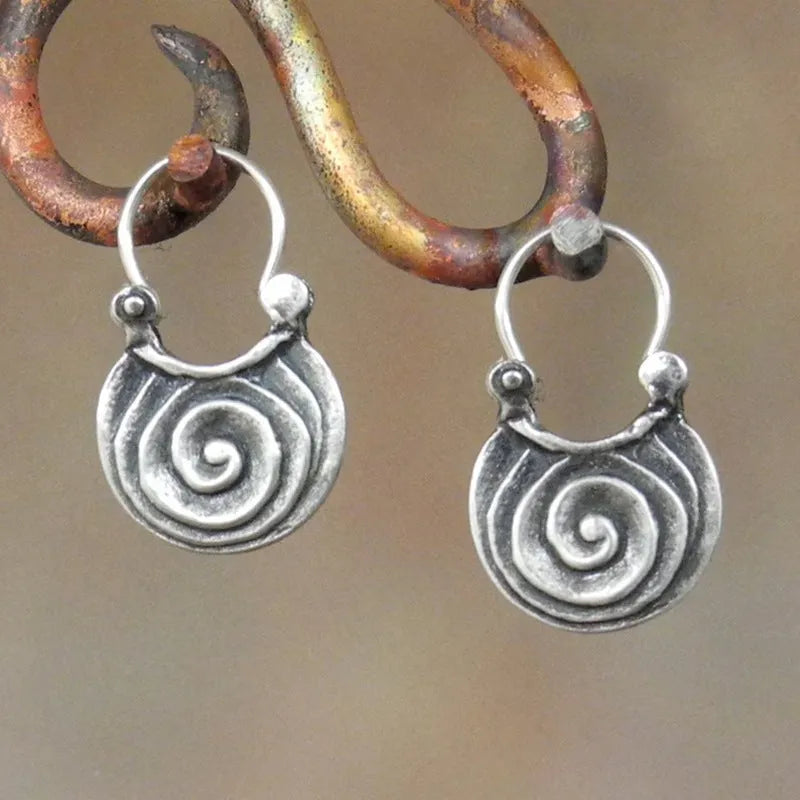 Simple geometric gypsy curved drop earrings in ancient silver zinc alloy, front view