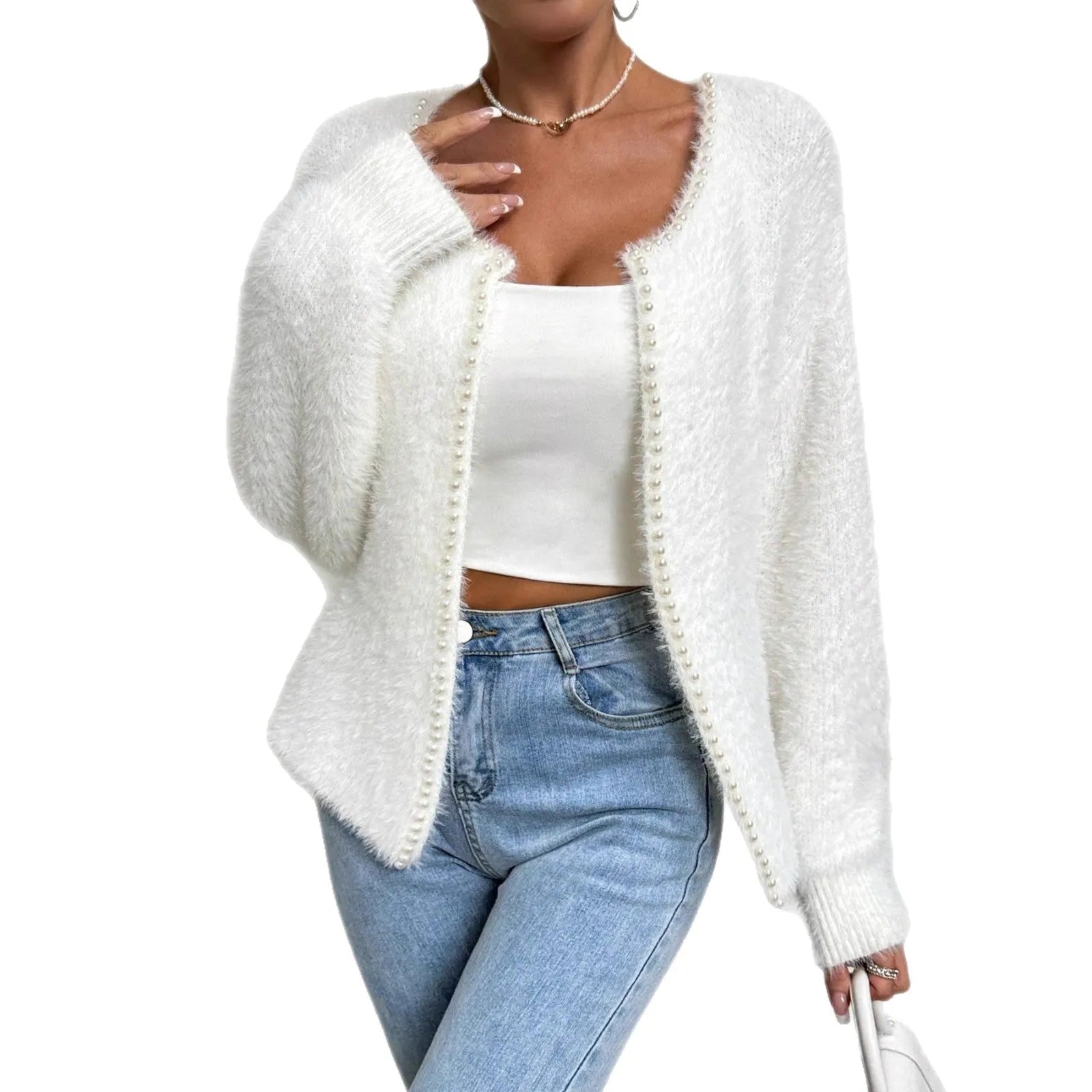 White V-neck women's cardigan sweater made from polyester knit fabric.