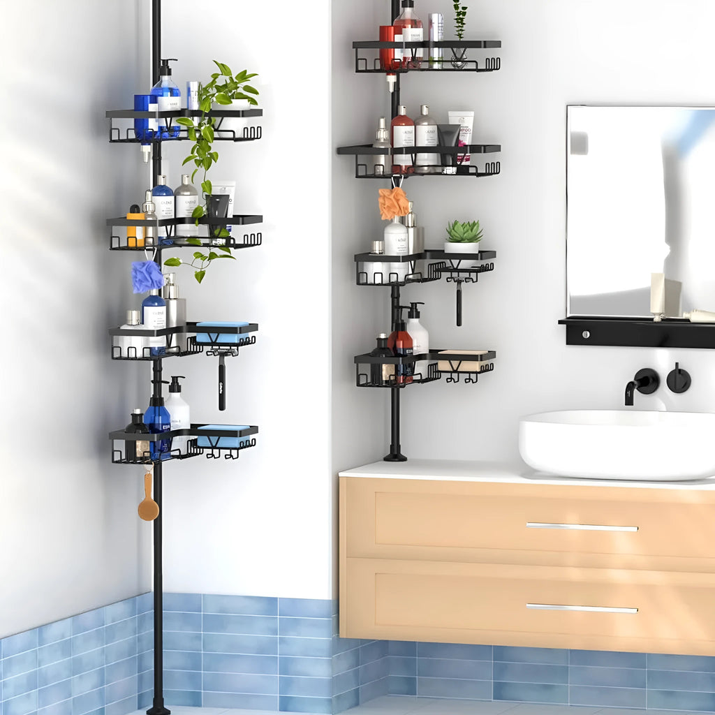Hole-free retractable bathroom storage rack with four-layer stainless steel shelving