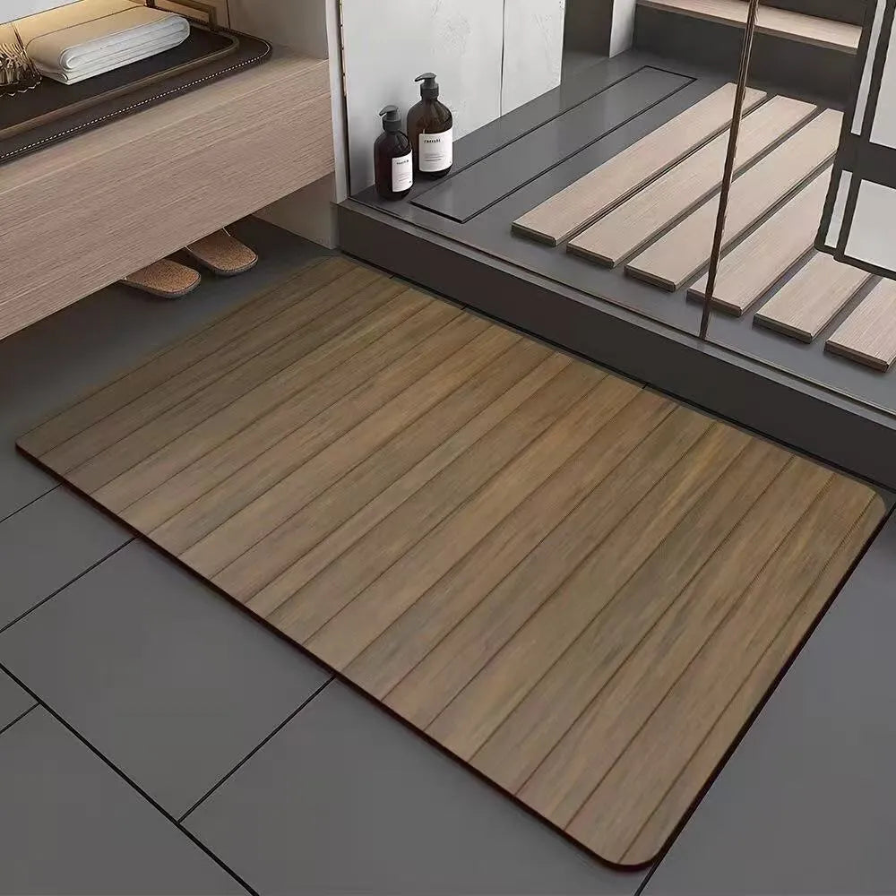 American wood grain pattern diatom mud bathroom floor mat in square shape on bathroom tiles