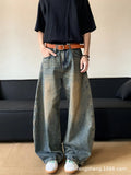 Men's retro blue distressed denim wide-leg trousers with slimming fit and mid-rise waist