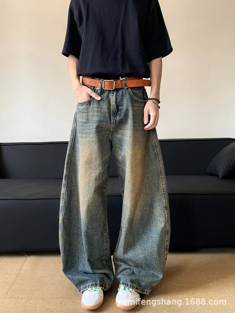 Men's retro blue distressed denim wide-leg trousers with slimming fit and mid-rise waist