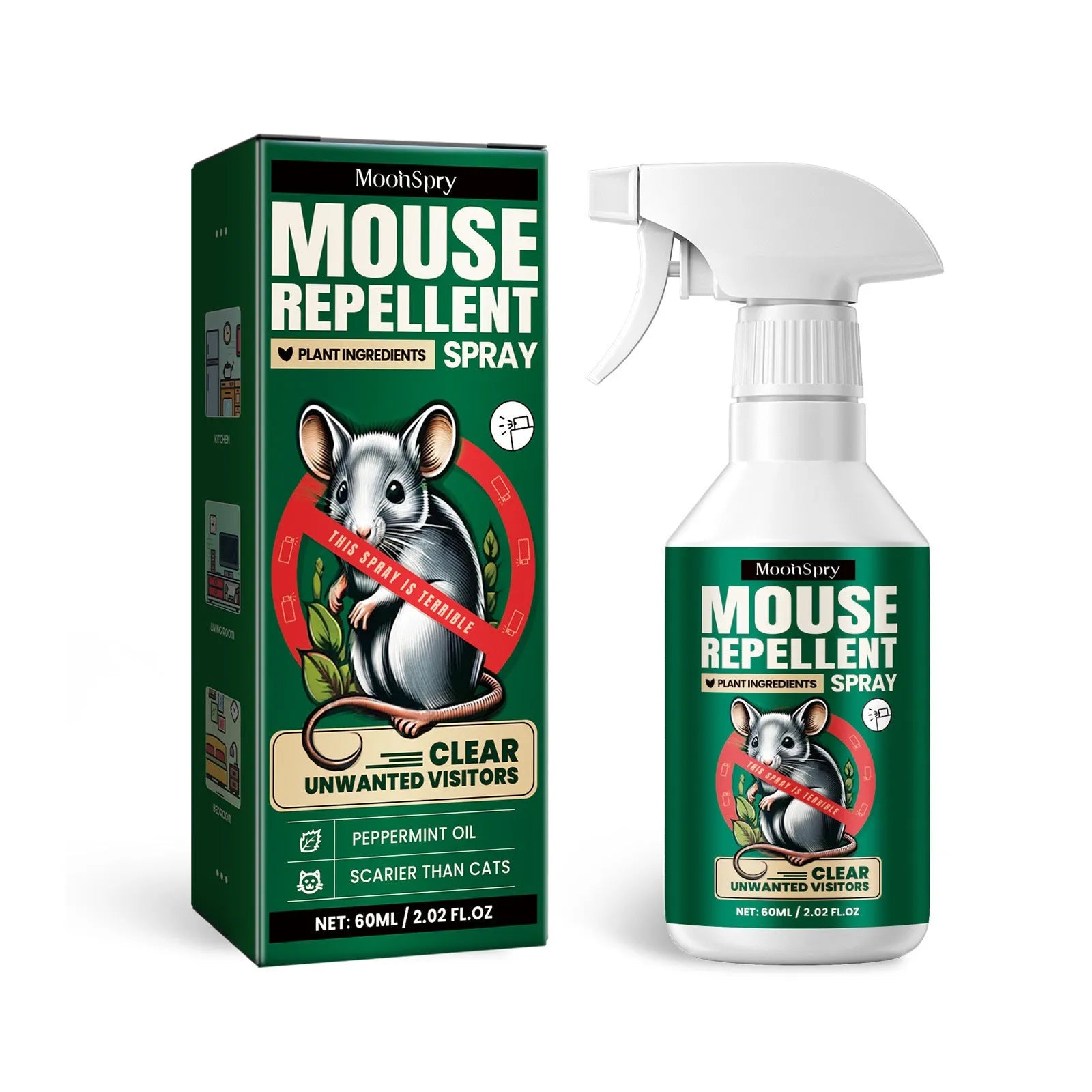 60ml rat repellent spray bottle with botanical essential oil formula for home and car use.