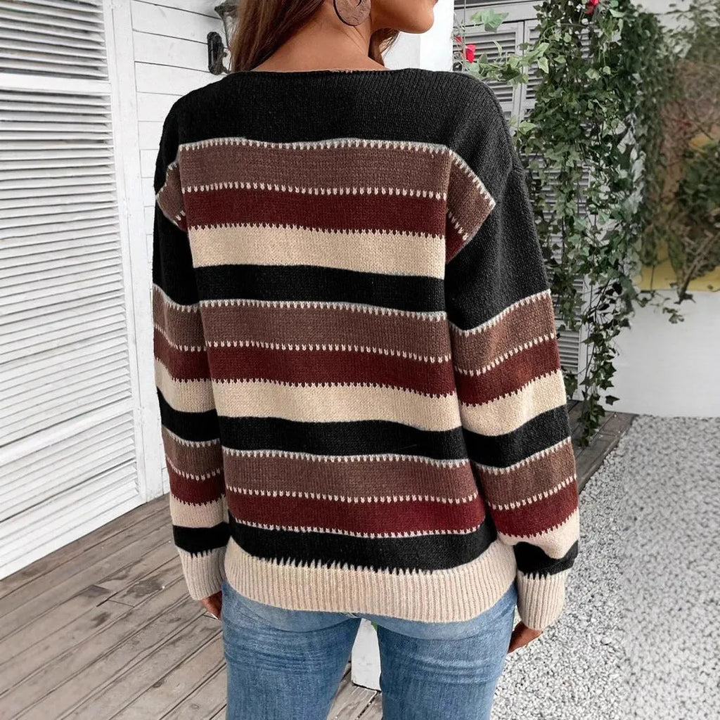 Women's colourblock striped long sleeve pullover sweater in black, blue, or grey.