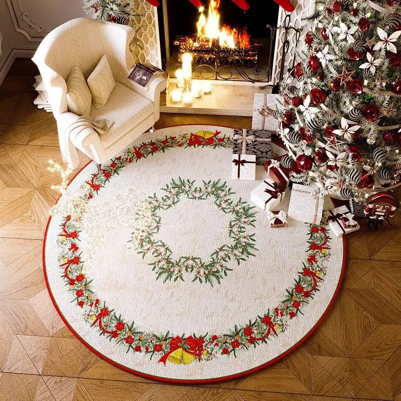Red Christmas round floor mat with festive pattern in living room setting