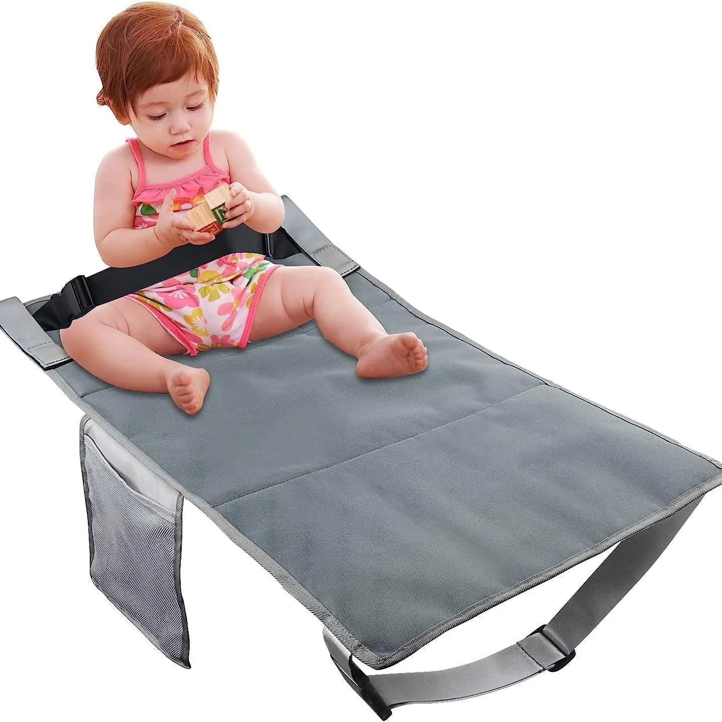 Portable children's aircraft pedal seat extender kit in blue nylon with a removable drawstring pocket