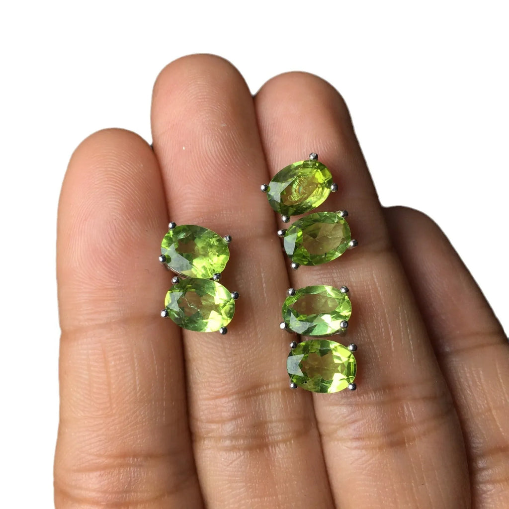 Natural grass green olivine stud earrings in S925 silver with 6×8mm elliptical stone