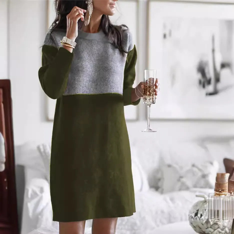 Brown women's long sleeve patchwork dress with a loose skirt silhouette and round neckline.