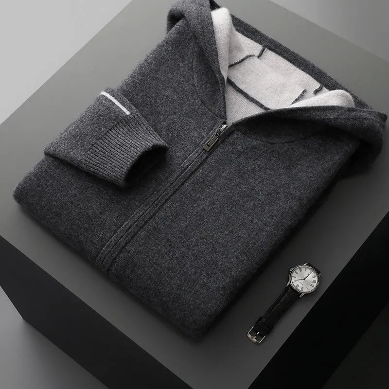 Men's dark blue cashmere half-high collar zipper cardigan sweater with long sleeves
