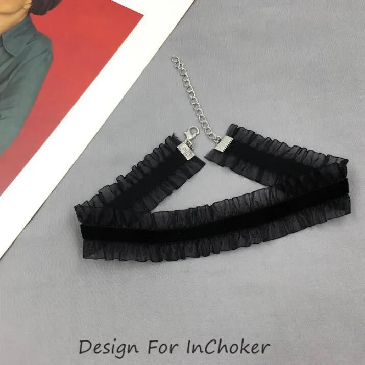 Alloy clavicle necklace with velvet ruffled flower pendant and snake bones chain in black, light coffee, or white.