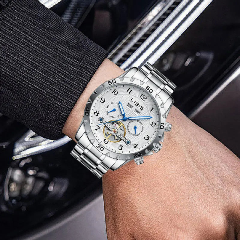 Men's silver automatic perpetual calendar watch with stainless steel strap and sapphire crystal glass