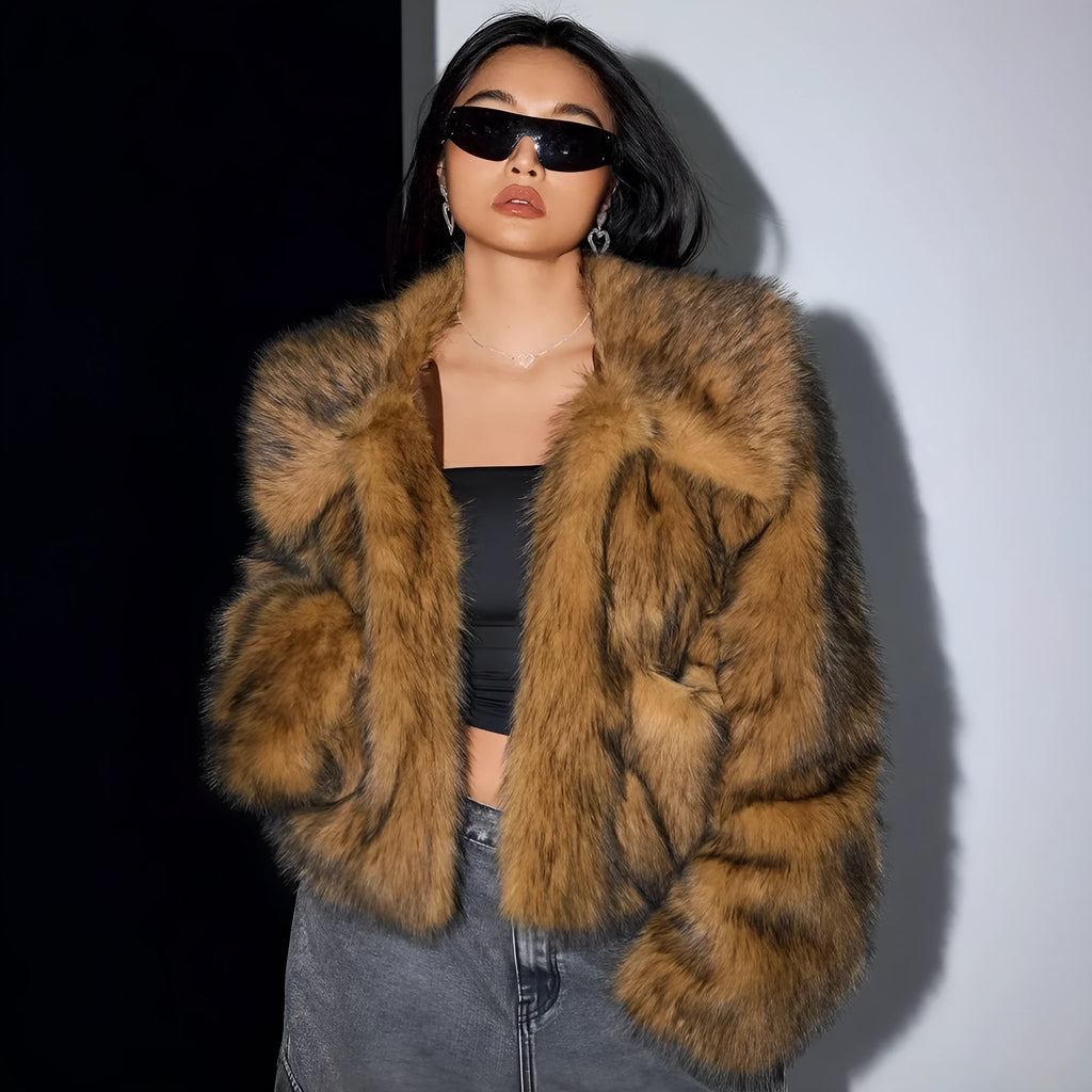Artificial fur coat with fur collar in multiple colour options including black tip and Maojian tea patterns