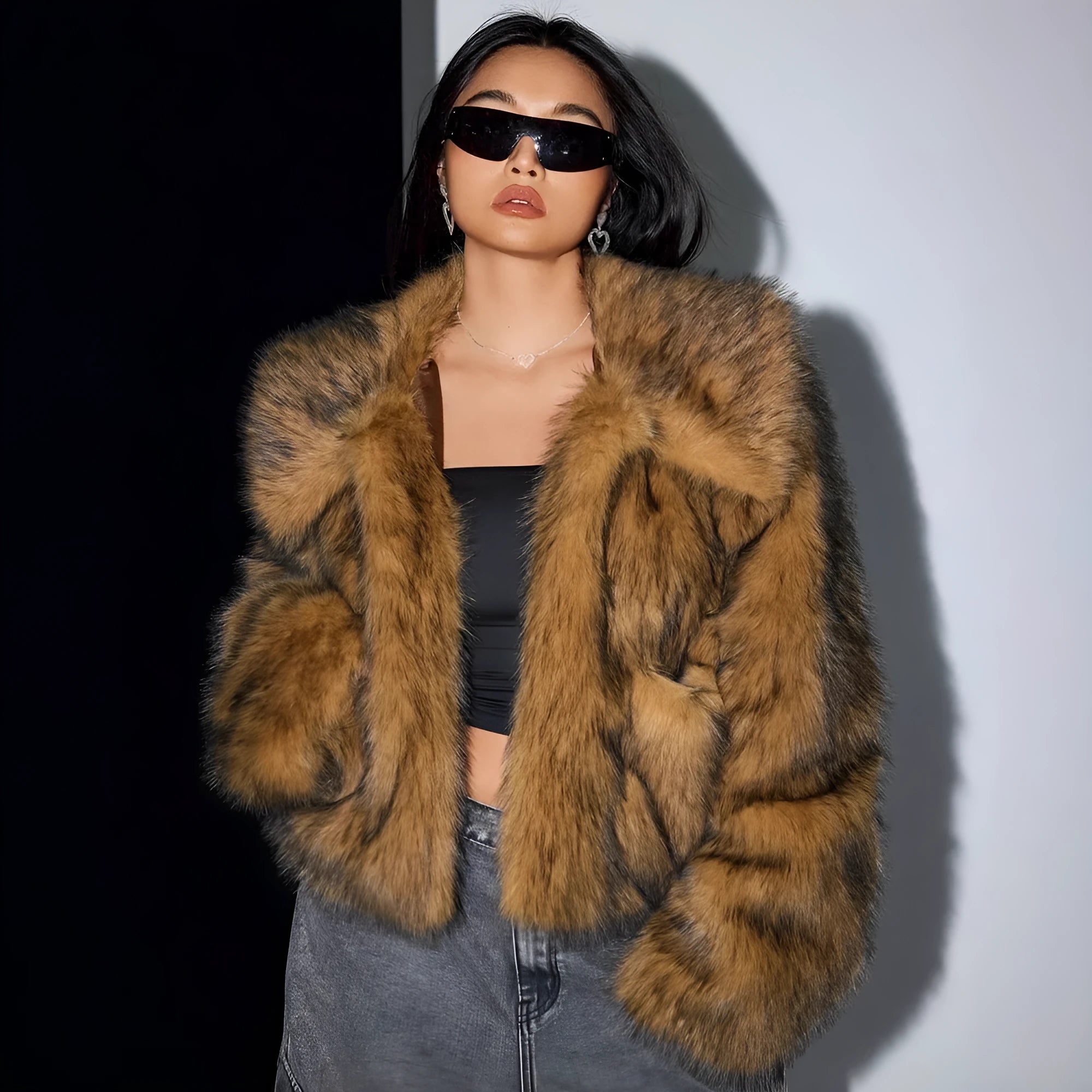 Artificial fur coat with fur collar in multiple colour options including black tip and Maojian tea patterns
