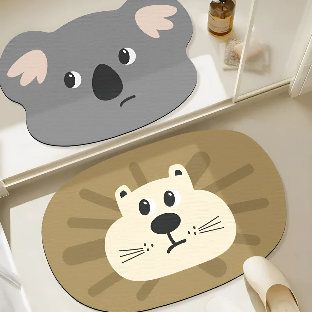 Diatomaceous earth bathroom mat with animal cartoon design in shower setting