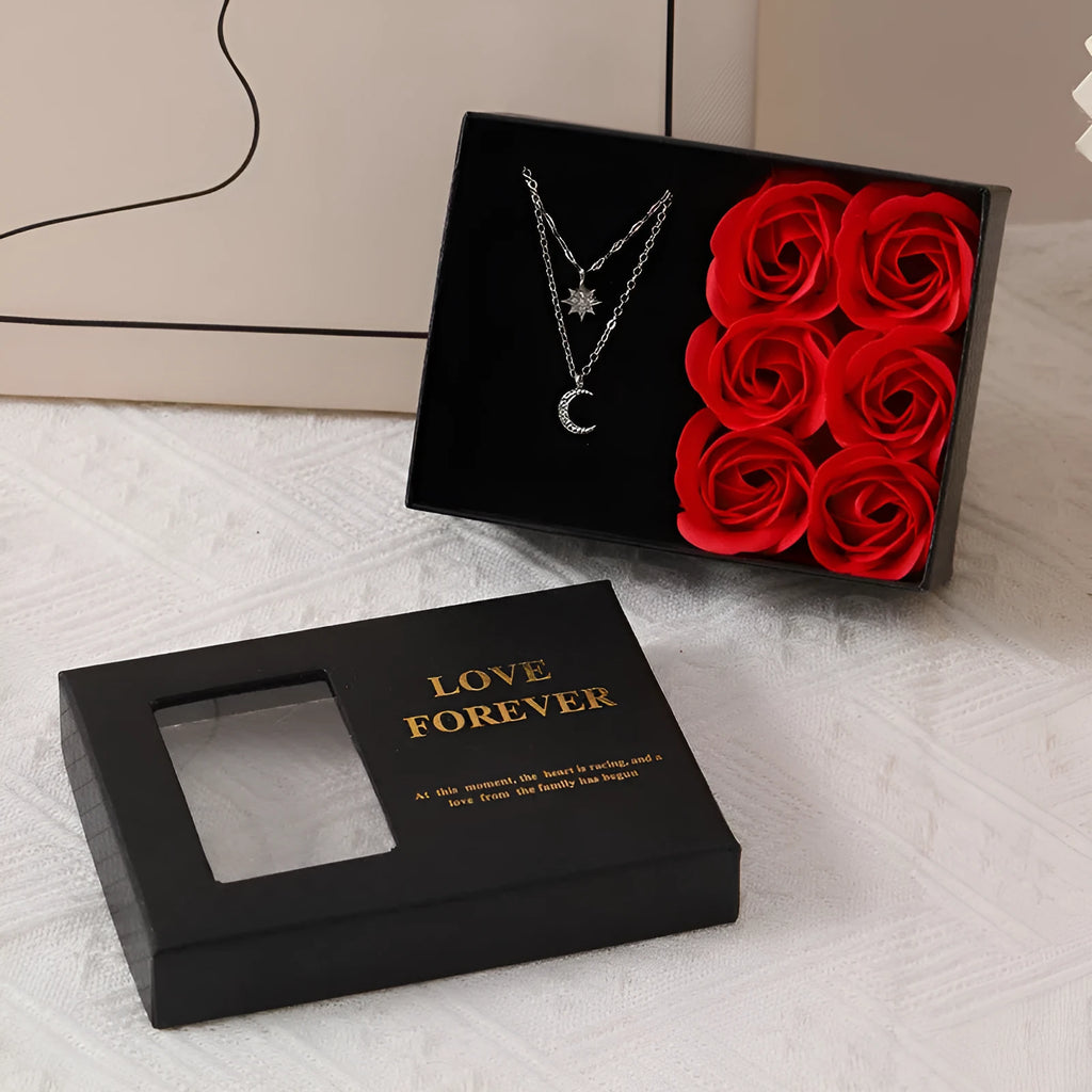 Korean style red soap flower gift set in box with handbag, six sculpted flowers inside.