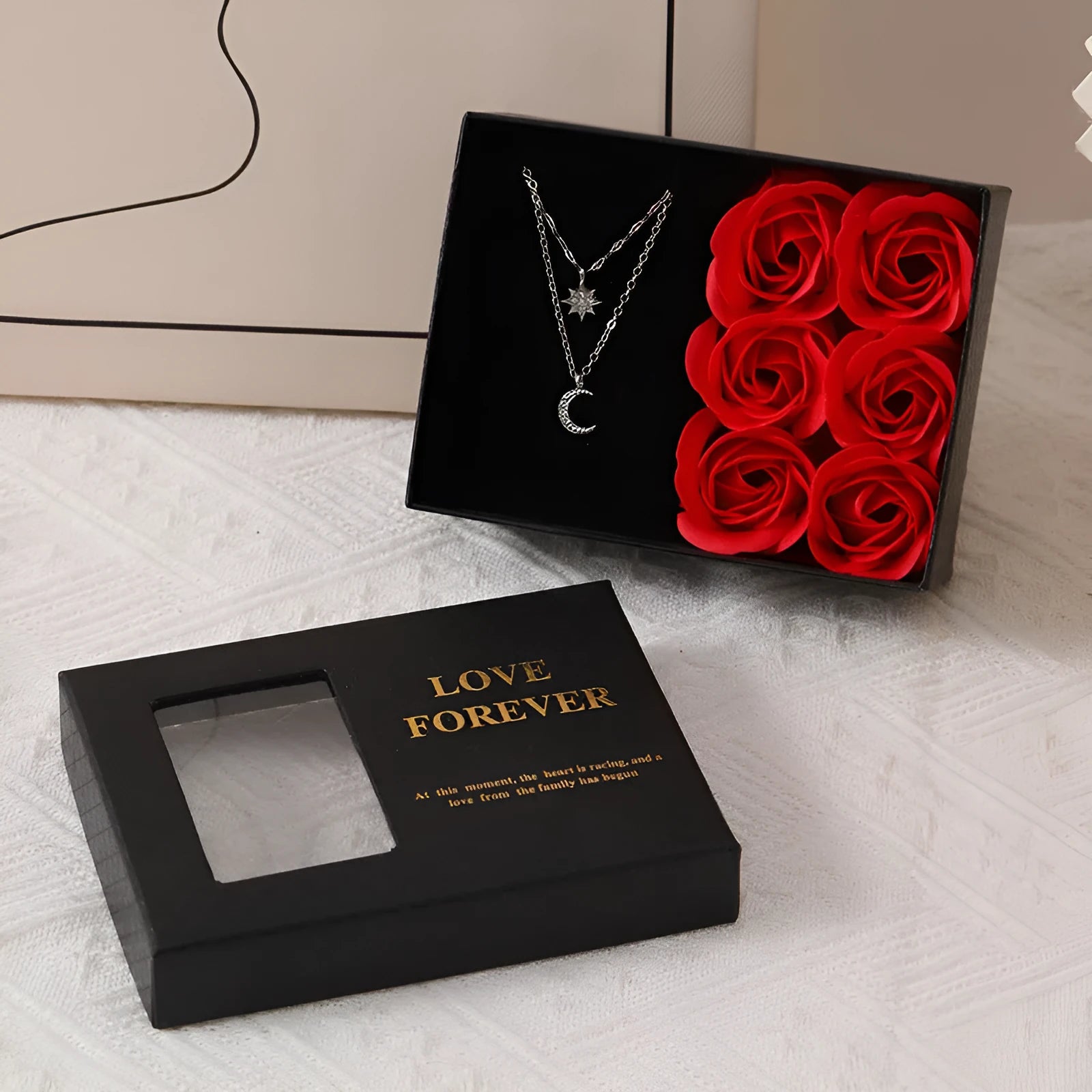Korean style red soap flower gift set in box with handbag, six sculpted flowers inside.