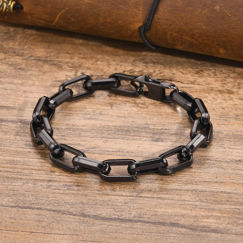 Men's simple square chain titanium steel bracelet in steel, gold, black, and retro colour options.