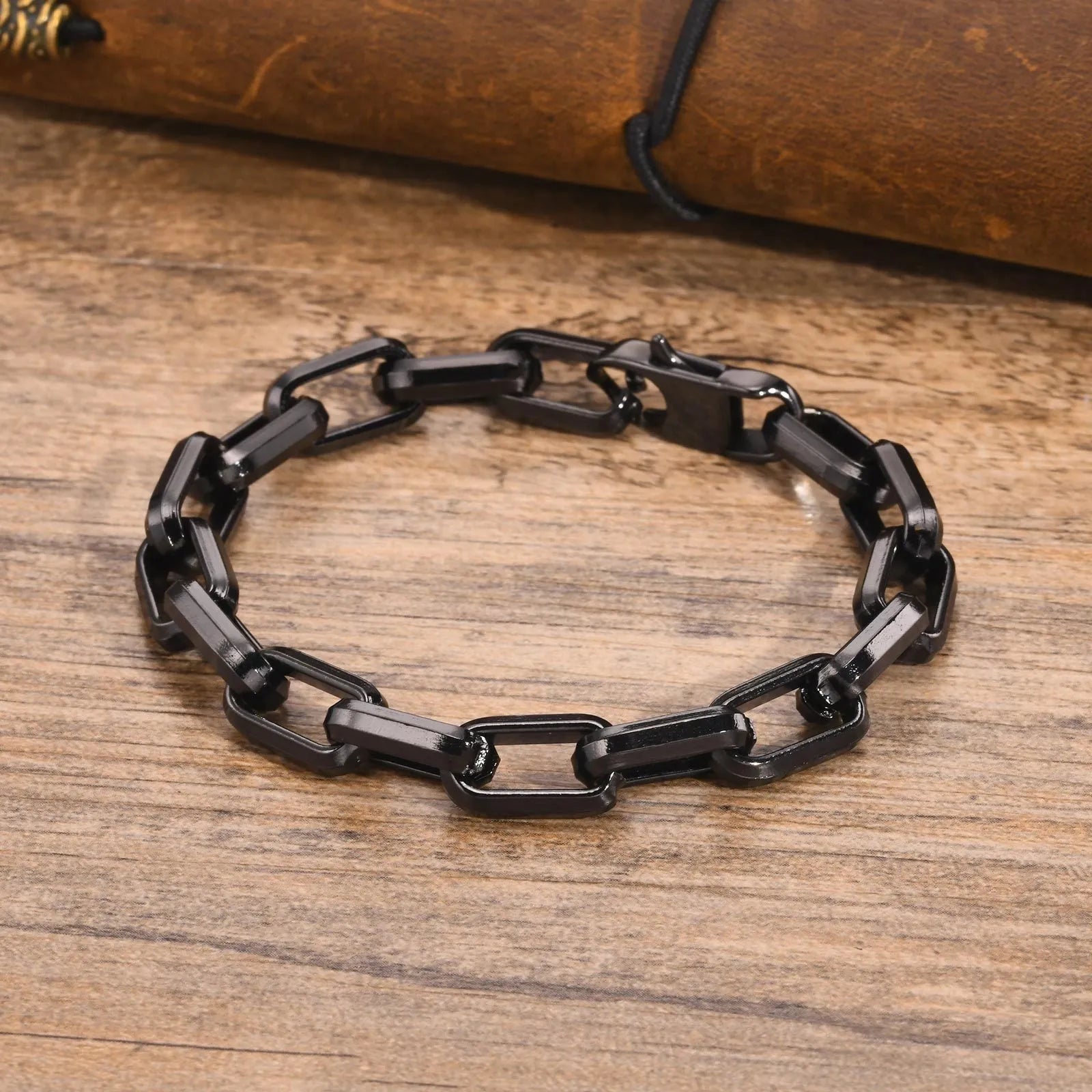 Men's simple square chain titanium steel bracelet in steel, gold, black, and retro colour options.