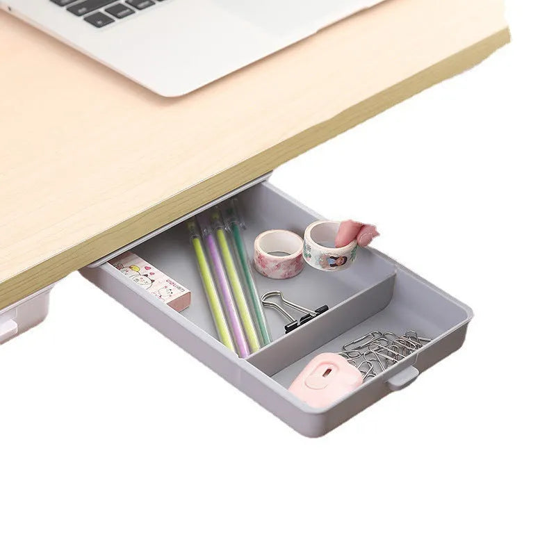 Plastic storage box with grid cover for adhesive mounting under tables