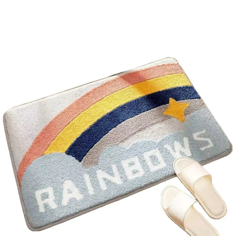 Rainbow pattern square carpet mat with plastic bottom in sky sea colour, shown in 40x60cm and 50x80cm sizes.