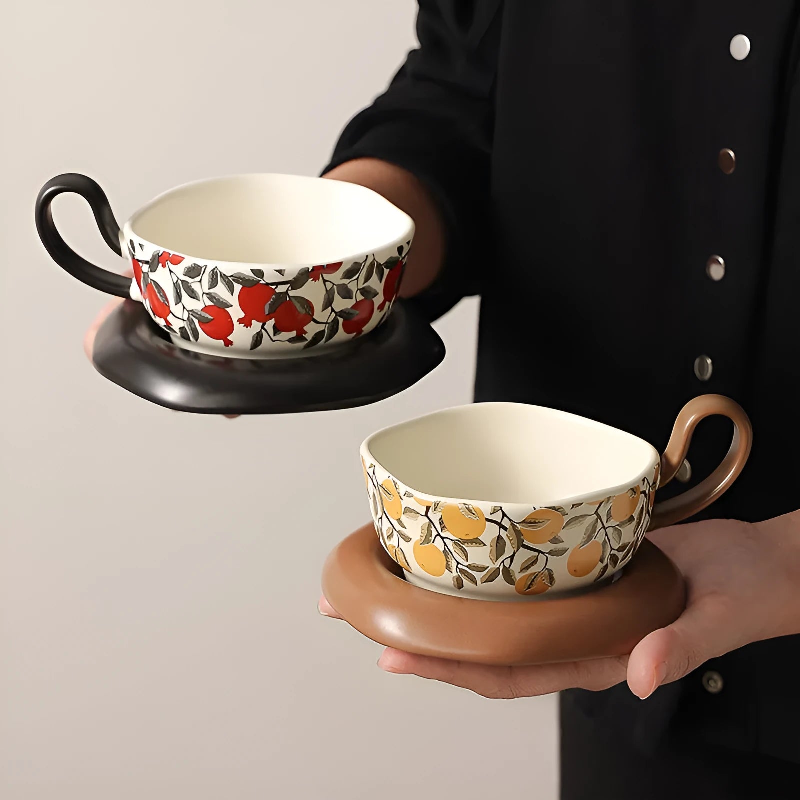Ceramic coffee cup and saucer set in retro antique style with 210ml capacity