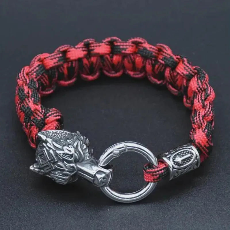 Handmade stainless steel Luen wolf head bracelet in camouflage colour showing size options.
