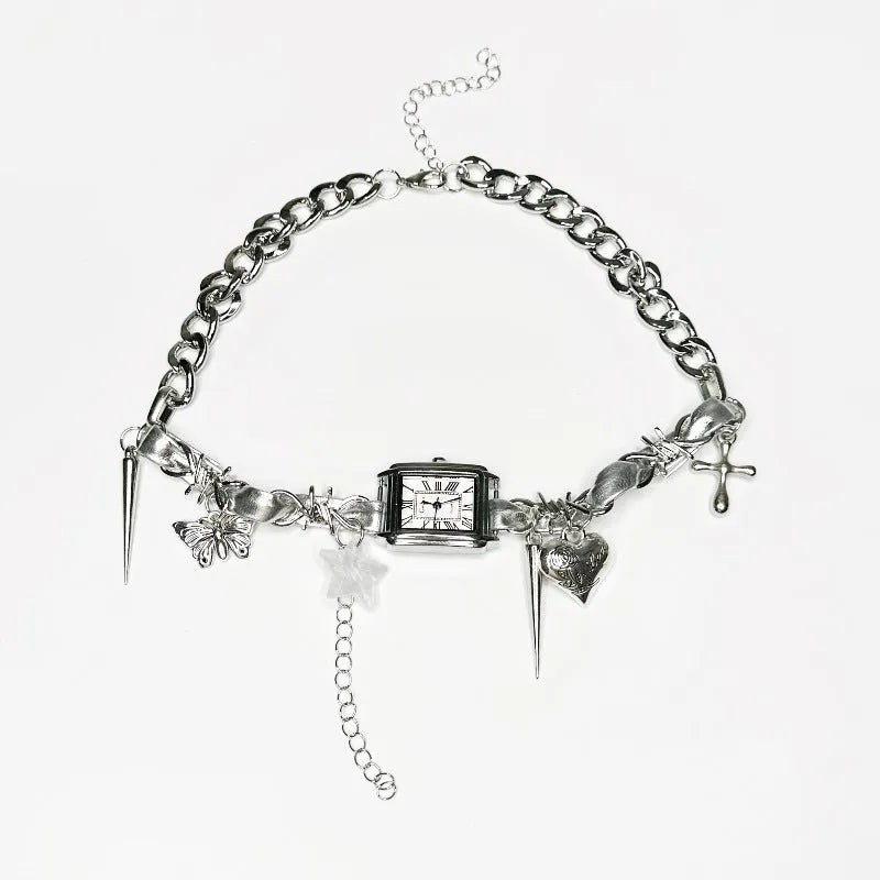 Dark multi-layer women's necklace with cross pendant and twin adjustable clavicle chains