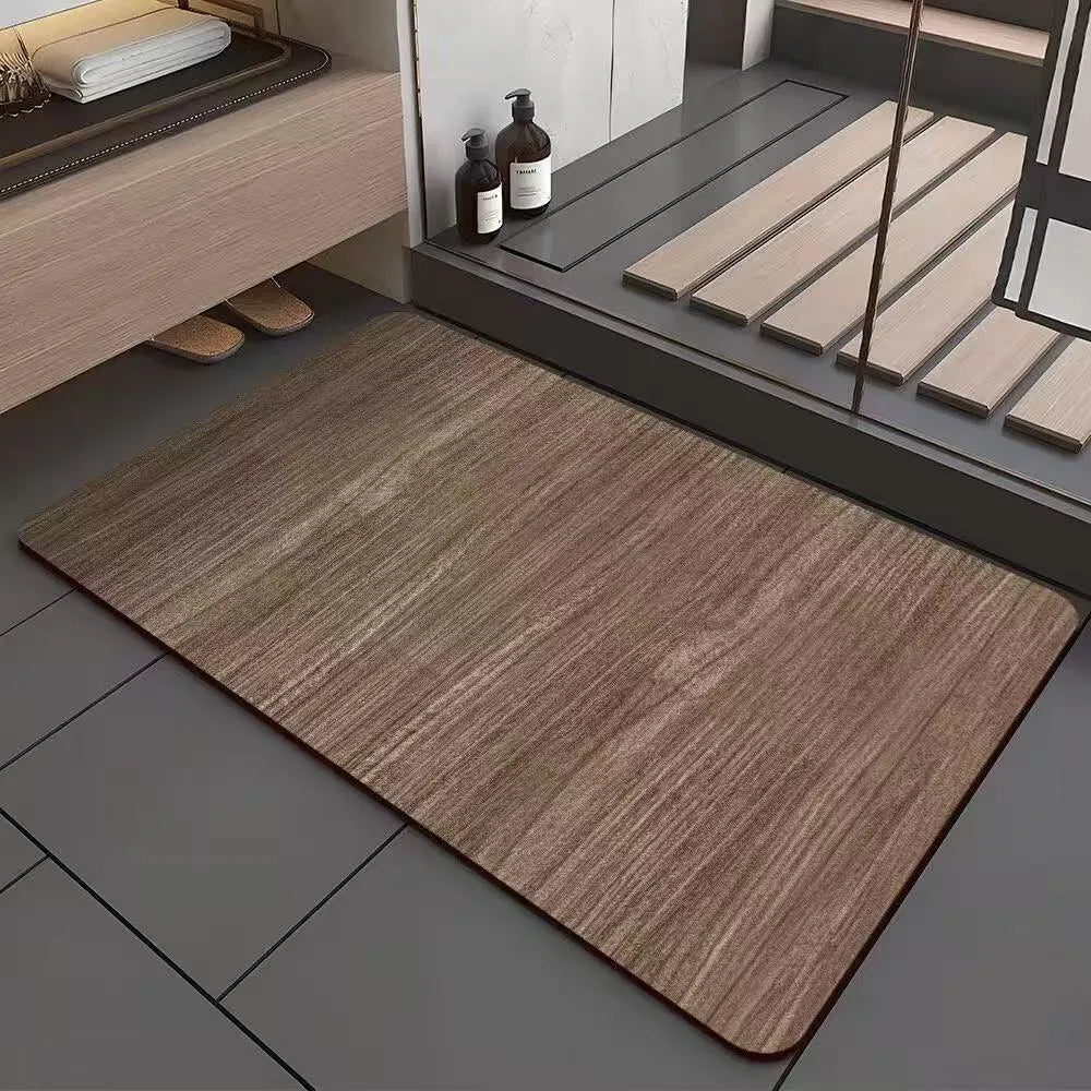American wood grain pattern diatom mud bathroom floor mat in square shape on bathroom tiles