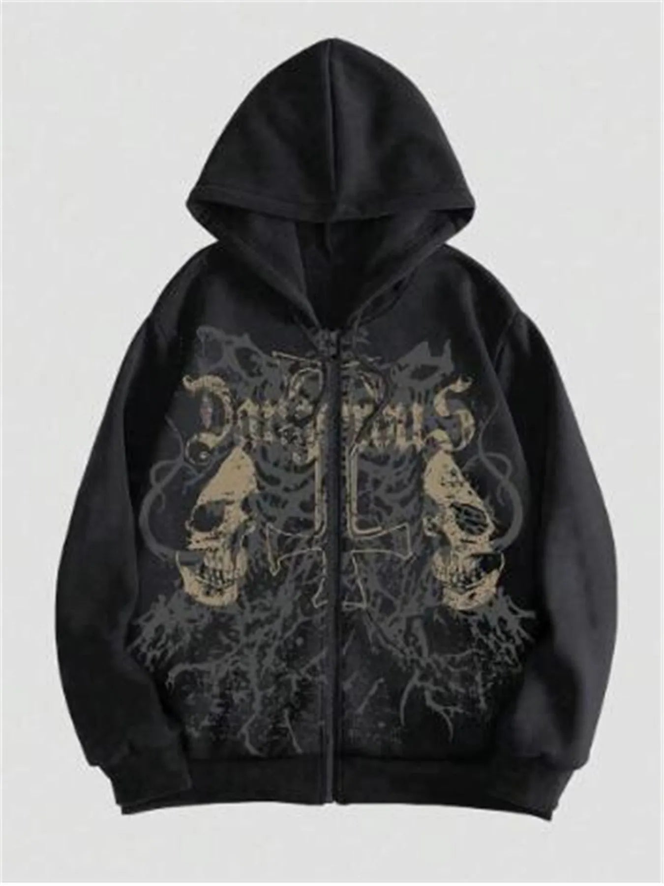 Black men's hooded sweatshirt with a large white skull graphic print on the front