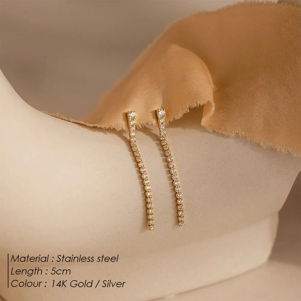 Geometric line zircon drop earrings in stainless steel with gold or steel colour options